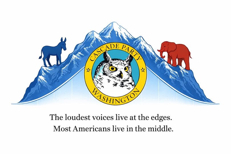 Cascade Party of Washington seal: an owl flanked by a blue donkey on one mountain peak and a red elephant on the other, above the tagline 'The loudest voices live at the edges. Most Americans live in the middle.'